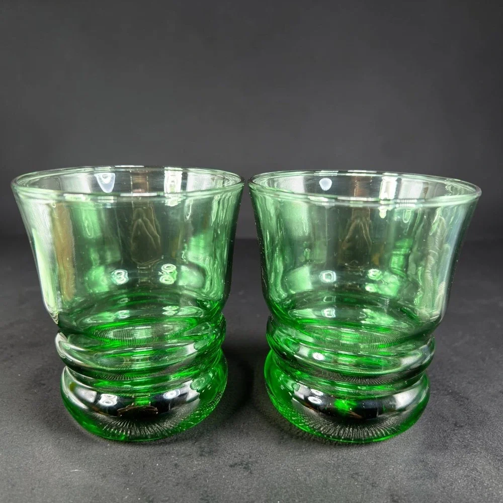 Anchor Hocking Green Glass Tumblers Ringed‎ Beehive Base Set of 2 Vintage 4 inch